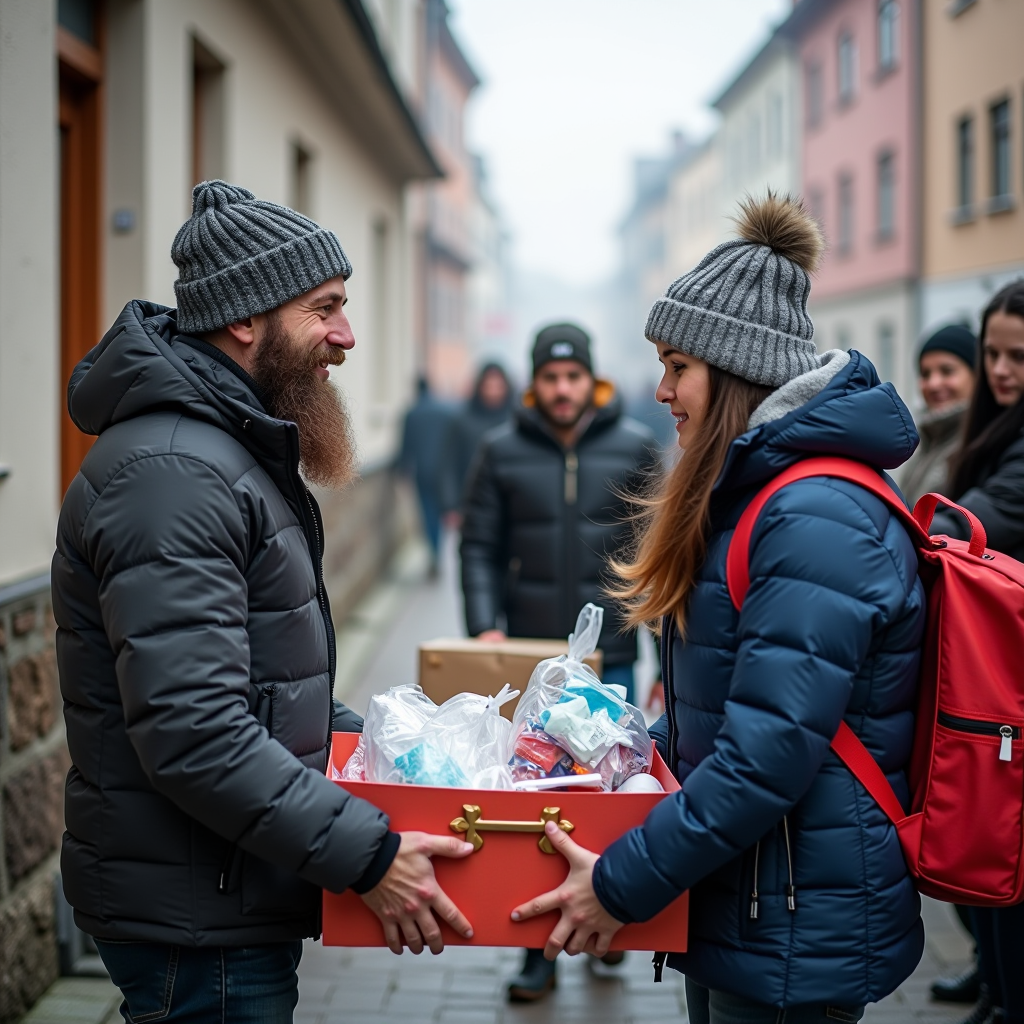 Volunteers distributing essential supplies and educational materials to displaced families in Eastern Europe, showing community partnership and humanitarian aid in action during winter 2026
