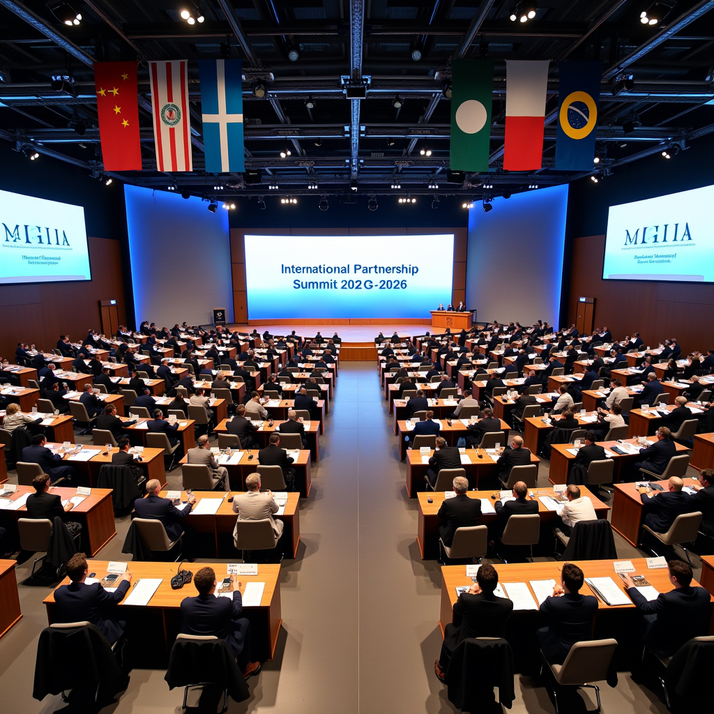 Wide conference hall filled with delegates from 23 civic organizations seated at round tables, with large banners displaying 'International Partnership Summit 2026' and flags from four continents hanging from the ceiling, professional lighting highlighting engaged participants in discussion