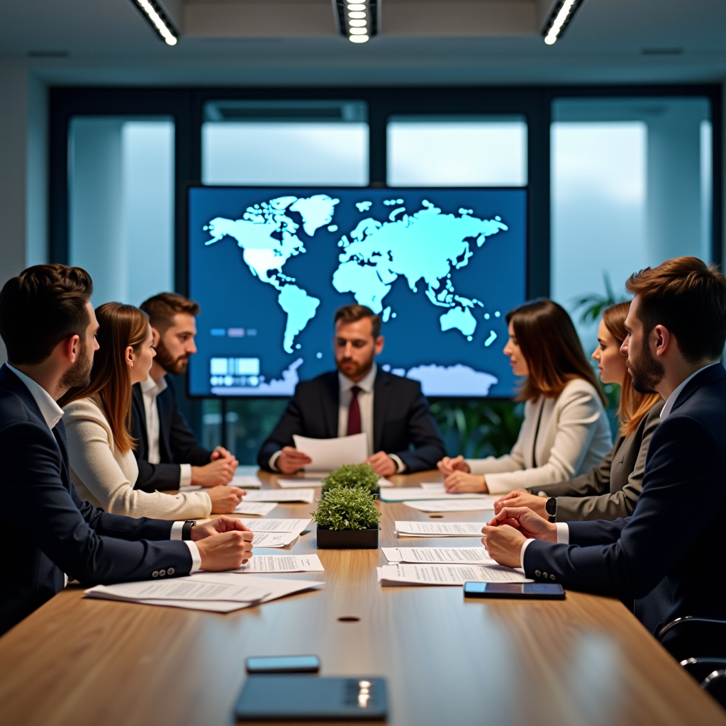 Diverse group of international humanitarian advocates and policy experts gathered around a conference table reviewing policy documents and strategic plans, with world maps and data visualizations displayed on screens in the background, professional meeting environment with natural lighting