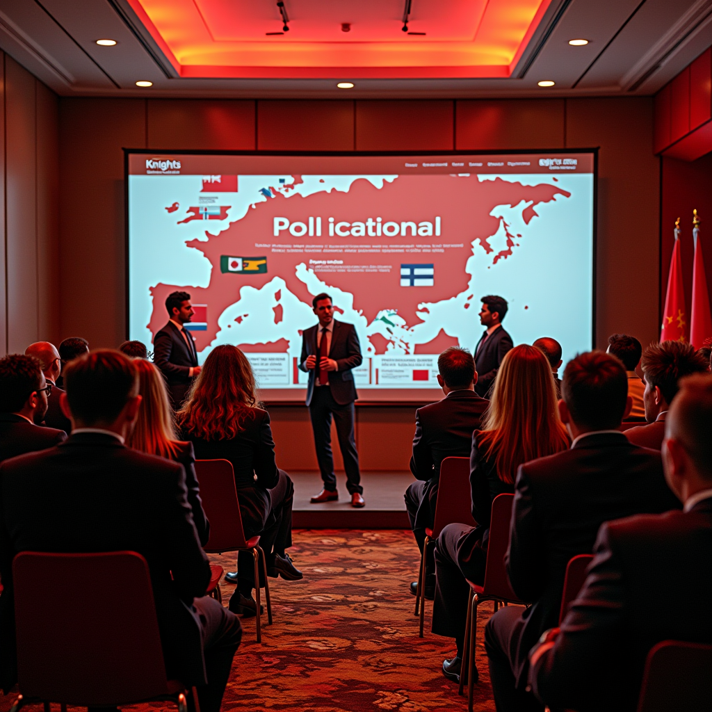 International Partnership Summit with representatives from 23 civic organizations across four continents networking and collaborating, diverse group of leaders in professional attire with international flags and Knights of the Red branding